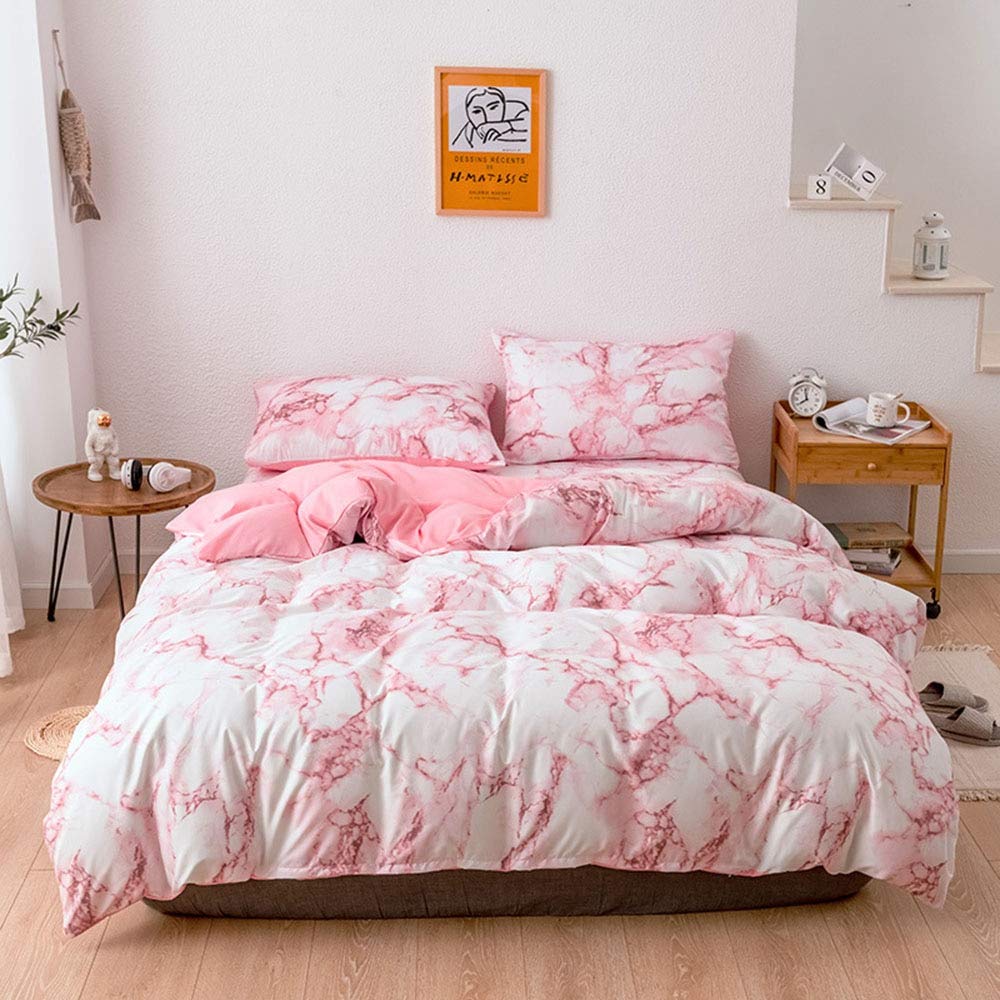 Housse de couette marbré rose 210x210 cm avec ses taies d'oreiller