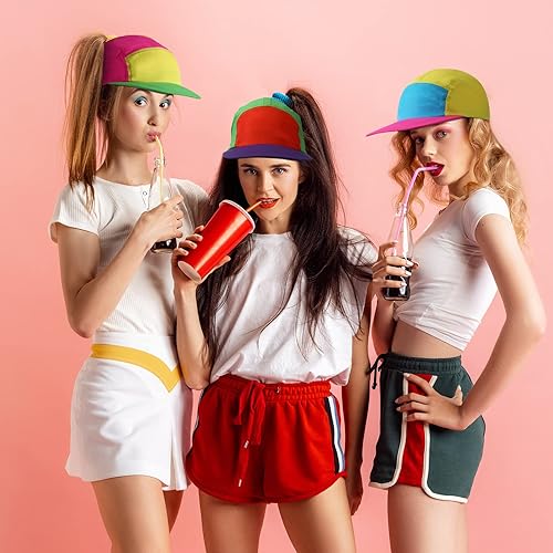 Miniatura 8 de Cindeer 80s 90s Neon Hat Nylon Cap Retro Adjustable Cap for Women Men 80s Costumes Accessories 90s Theme Party