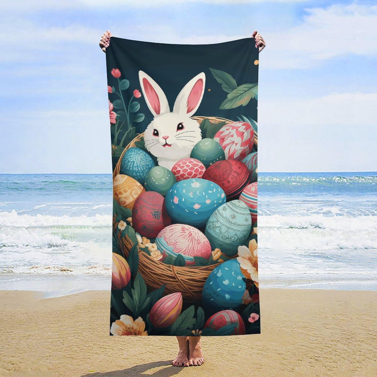 NTVOWPZO Basket and Easter Eggs Beach Towel Oversized Microfiber Bath Towels Lightweight Sand Proof Beach Towels Absorbent Pool Towels for Swimming Yoga Bathroom Towel 31.5" X 63"