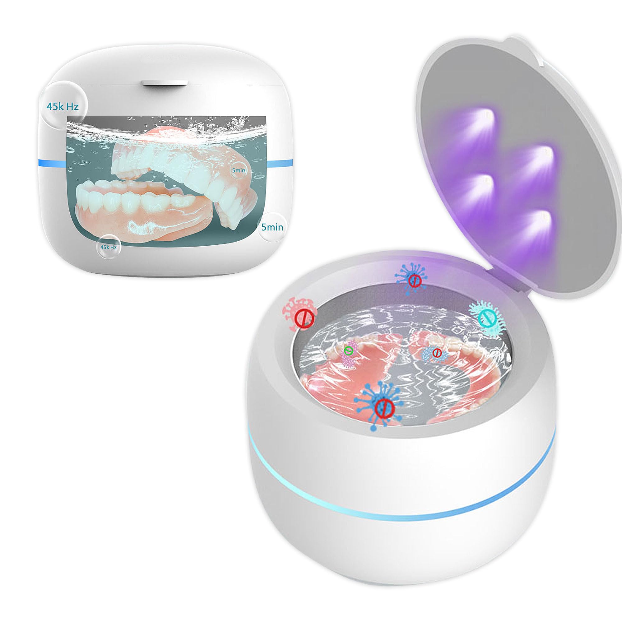 LIFEES Dental Retainer Cleaner, Ultrasonic Clean Box for dentures and Braces, Mouth Guard, Jewelry steam Clean, Ultra Sonic Cleaner with 360° deep Clean and Automatic Breathing Light (White)