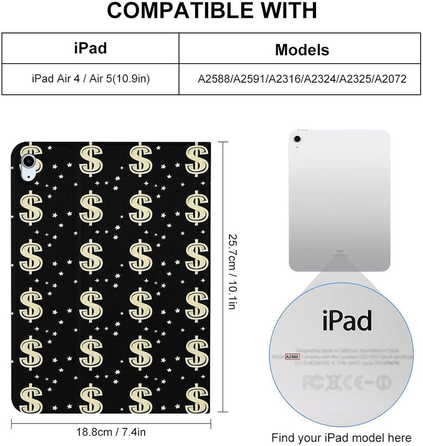 Money Symbol Print Printed Case Trifold Stand Protective Cover Compatible with ipad 2019/2020/2021(10.2in)