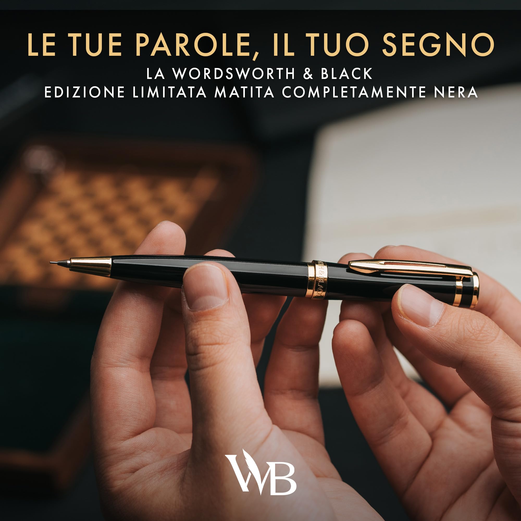 Wordsworth & Black Matita Meccanica Mina di Grafite - Laccatura Nera con Finitura in Oro 24K, Mina da 0,7 mm, Set Regalo per Uomo e Donna, Matite Professionali per Ufficio
