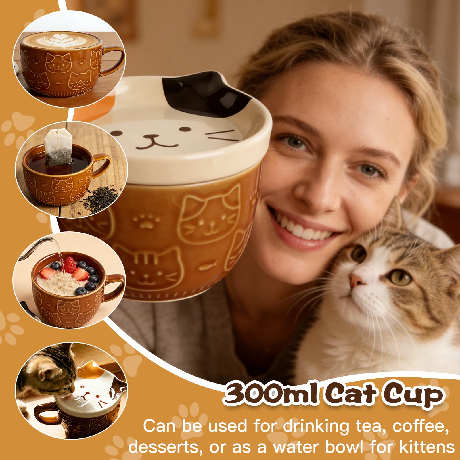 Regalo Donna Gatto, Set Tazza Gatto Divertente, Tazza da Caffè Tè Ceramica Kawaii con Coperchio e Cucchiai, Idee Regalo Donna Personalizzato per Amica Fidanzata Moglie Compleanno Natale