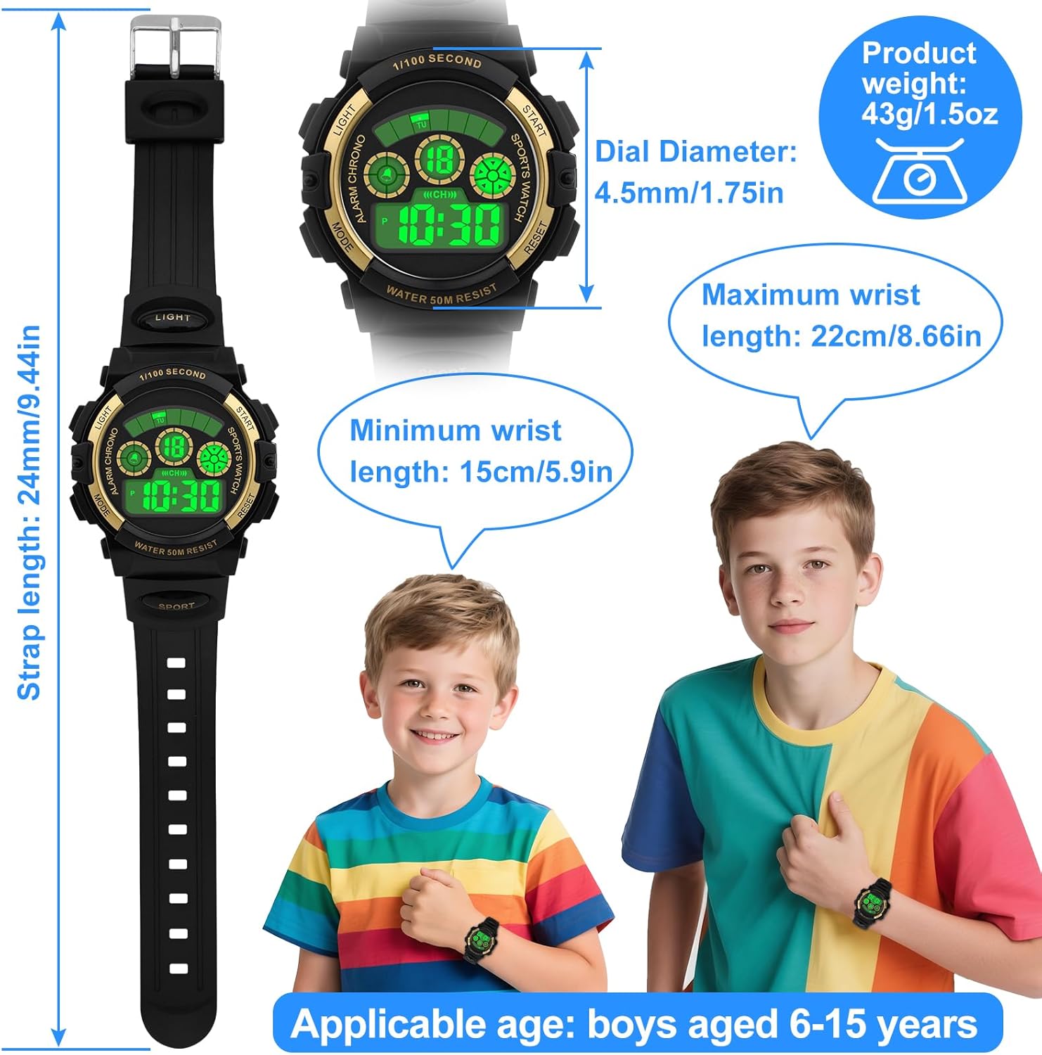 Edillas Kids Watches Boys Digital, 7 Colors LED Lights 50M Waterproof Wristwatches for Children Students Teenagers Sport Outdoor Multifunctional with Stopwatch/Alarm Ages 7-15
