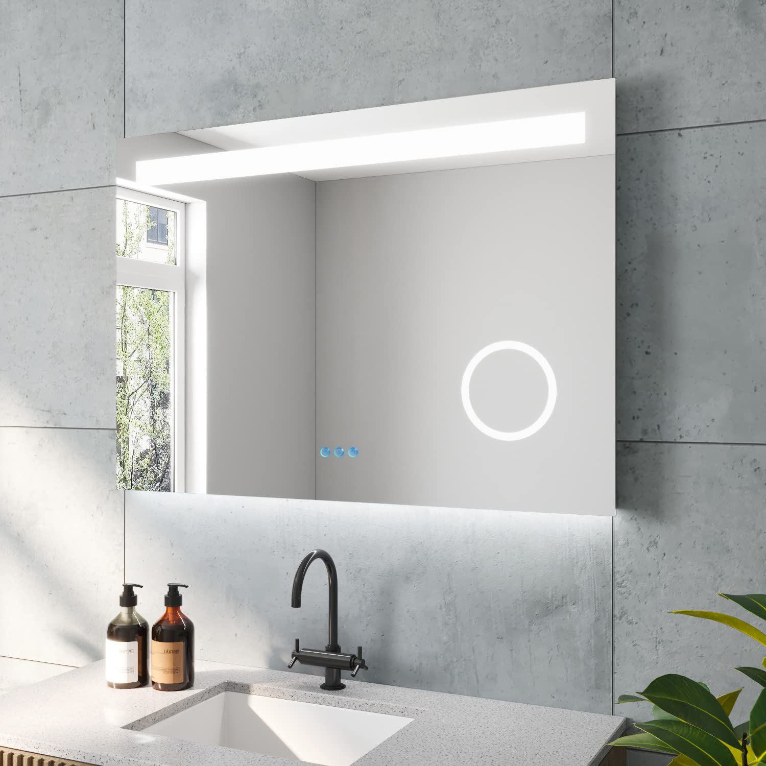 AQUABATOS Dales - Espejo de baño LED (100 x 70 cm, con iluminación, luz blanca fría, 6400 K, altavoz Bluetooth, 3 aumentos, interruptor táctil, regulable, antivaho)