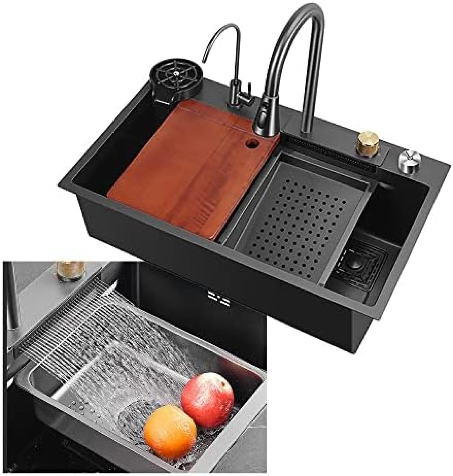 Wasserfall-Küchenspüle, Schwarze Küchenspüle, Nano-Wasserfall-Spüle Aus Edelstahl, Gewerbliche Spüle, Einzelbecken Mit Tassenspüler, Arbeitsspüle Auf Dem Bauernhof, Einbau- Oder Unterbau-Installat