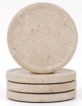 Earthen Crafts Travertine Marble Coasters Set of 4 for Drinks 4 Inches Round Drink Coaster for Kitchen Countertop, Modern Home Decor and Perfect for Gifting