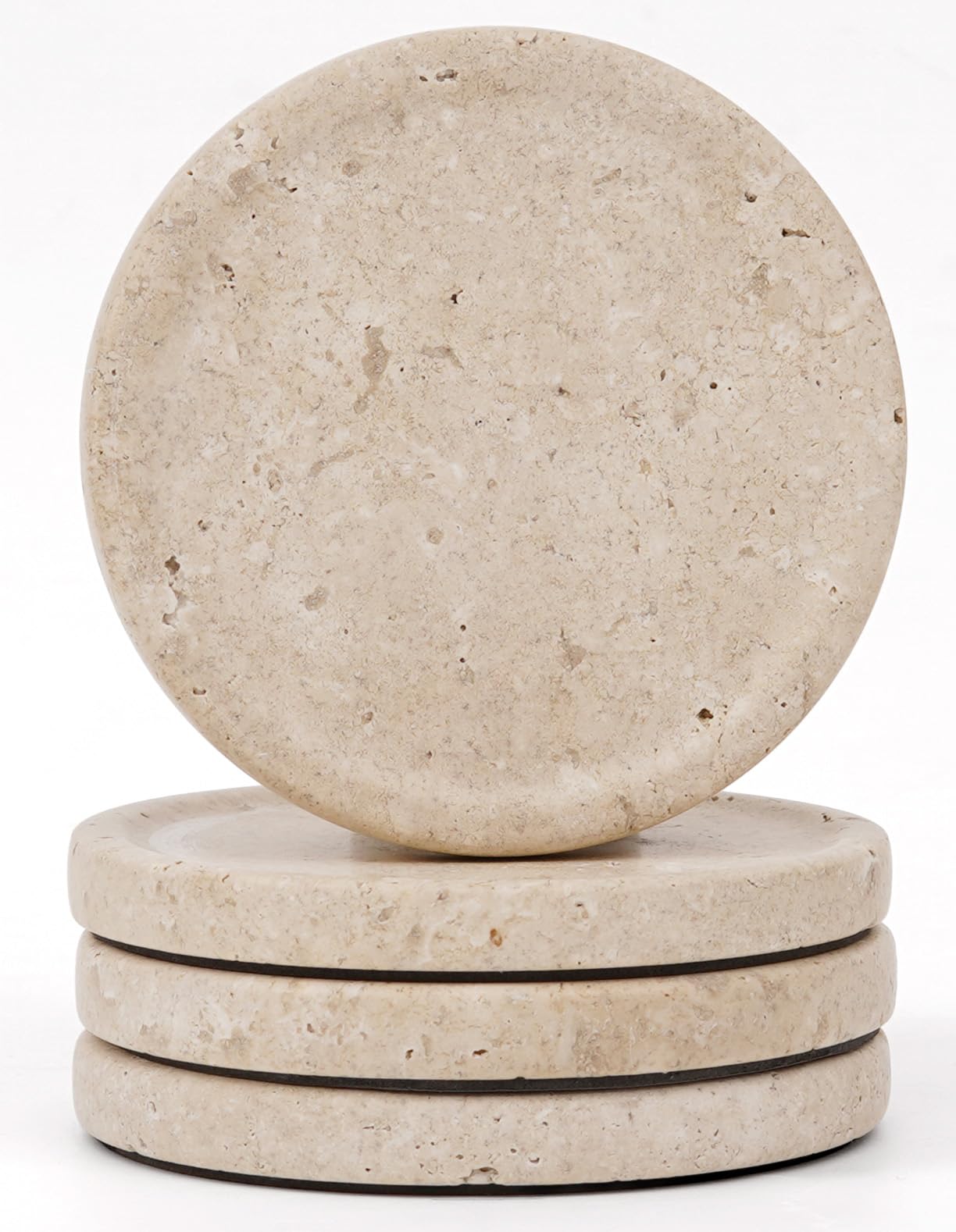 Earthen Crafts Travertine Marble Coaster Set of 4 – Handmade 4-Inch Drink Coasters – Natural Stone Non-Slip Felt Bottom for Office Conference Table, Kitchen Countertop, and Rustic Home Decor