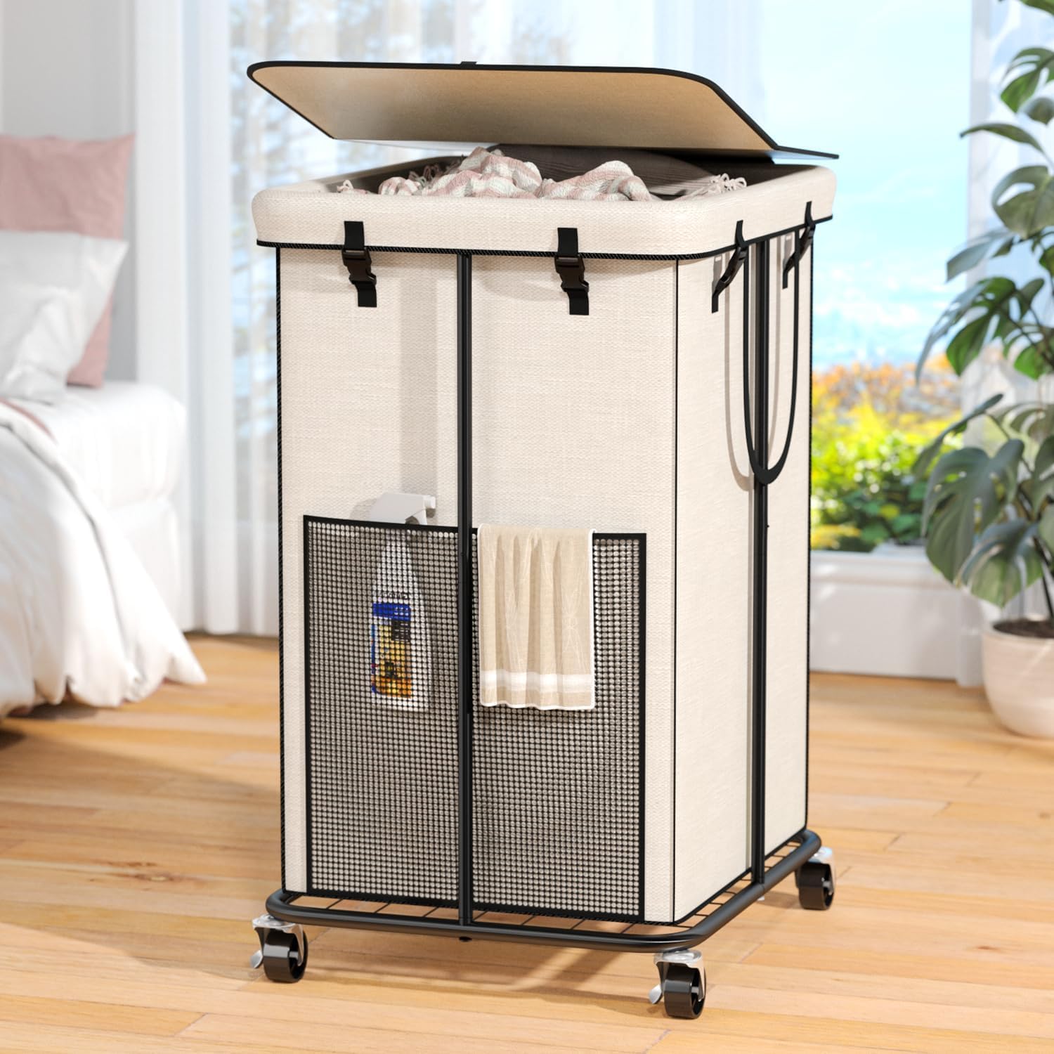Photo 1 of 160L Laundry Hamper with Lid, Rolling Laundry Basket with Wheels, Large & Tall Dirty Clothes Hamper with Metal Frame and Removable Bag for Bedroom Aesthetic, Laundry Room, Bathroom, Dorm-White