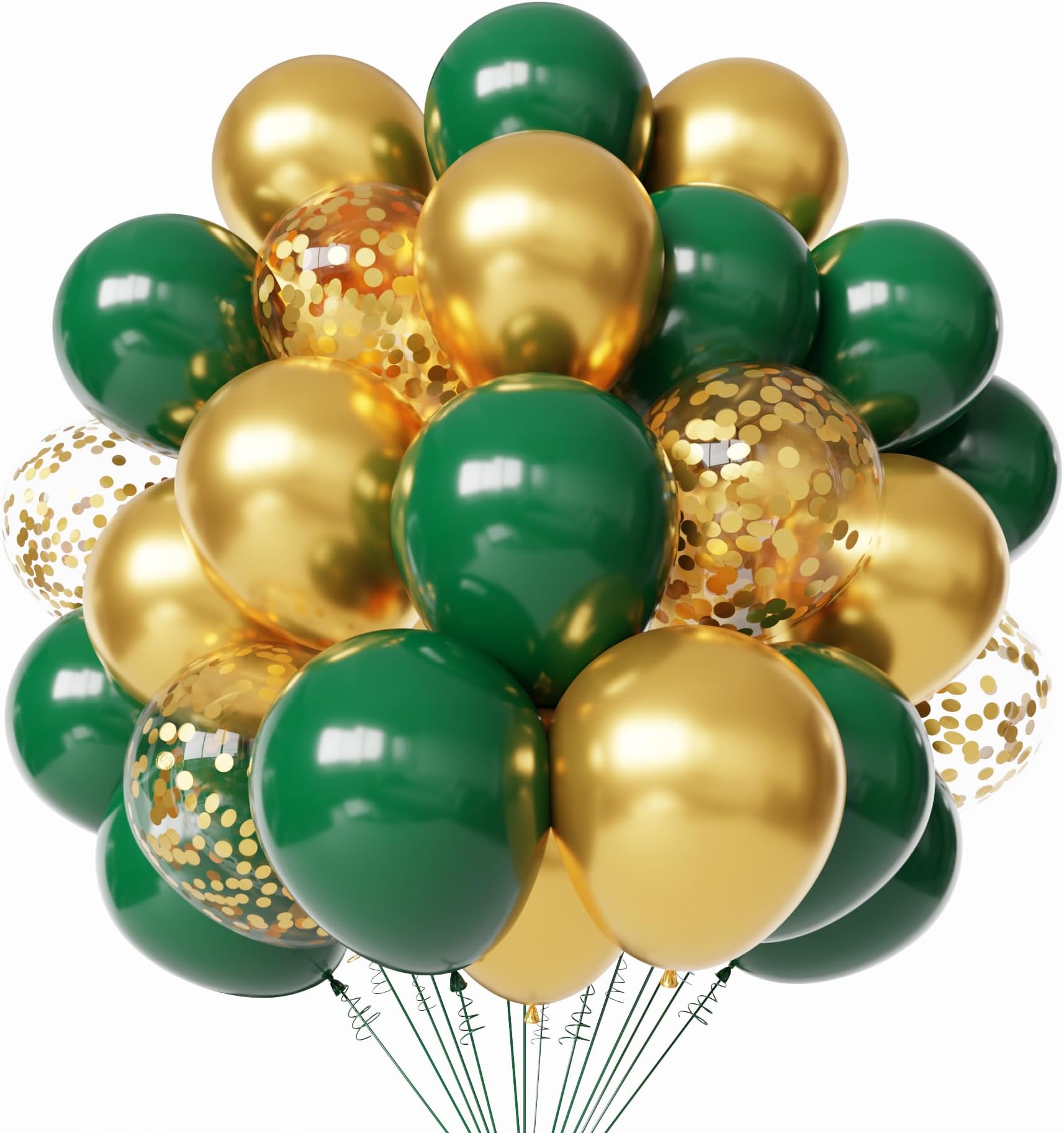 Green and Gold Latex Balloons, 60pcs 12 Inches Metallic Green Gold Confetti Balloons with 1 Ribbon for Graduation, Jungle, Birthday, Baby Shower Party Decorations