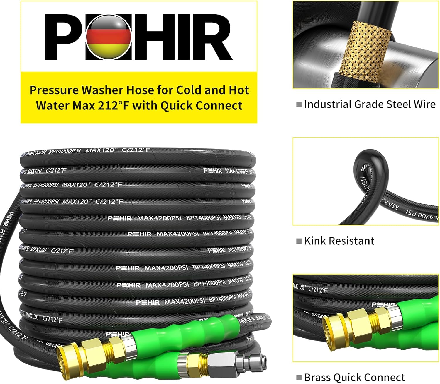 POHIR 3/8" Pressure Washer Hose 150FT with Quick Connect 4200PSI Power Washer Hose for Hot and Cold Water Max 212℉ Kink Resistant Rubber Wire Braided Industry Grade for Pressure Washer