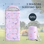 Wake In Cloud - Kids Sleeping Bag for Girls, and Toddlers, Camping in Warm Cold Weather, Backpacking Lightweight Compact Outdoor Liner for 3 Seasons, Butterfly Light Purple
