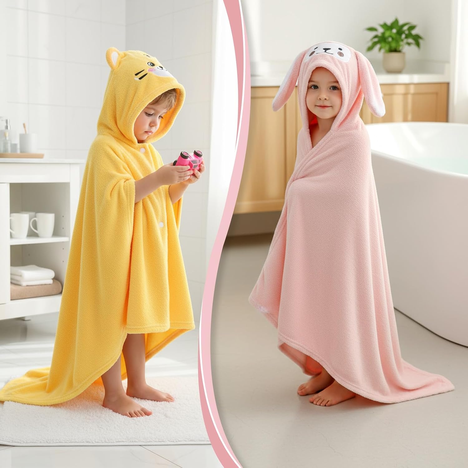 Kifmurase 3Pack Toddler Towels with Hood, 27x55 Inch Baby Bath Towel for Boy Girl 0-5 Year, Ultra Soft Absorbent Kid Hooded Washcloths, Bath Essential Shower Gift (Monkey & Lamb & Tiger)