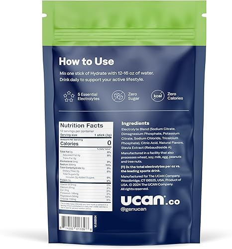 Miniatura 8 de UCAN Hydrate - Mezcla de bebida con electrolitos (limón y lima, 12 paquetes de barritos) sin azúcar, apta para dieta cetogénica, vegana, sin OMG,