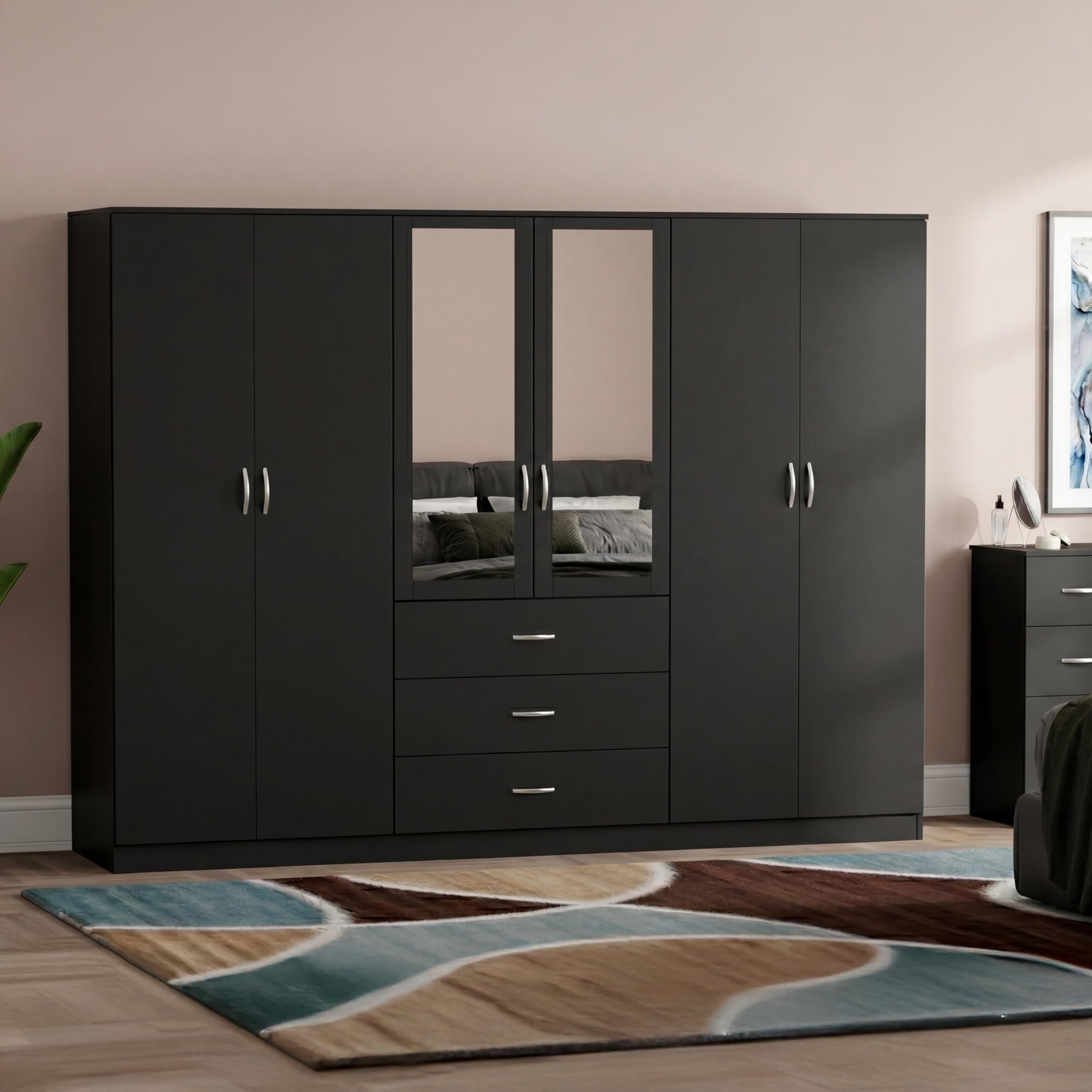 Vida Designs Riano 6 Door 3 Drawer Mirrored Wardrobe | Black | Bedroom Furniture | 175H x 230W x 54D cm | With Storage Shelf & Hanging Rail | Large Capacity Storage