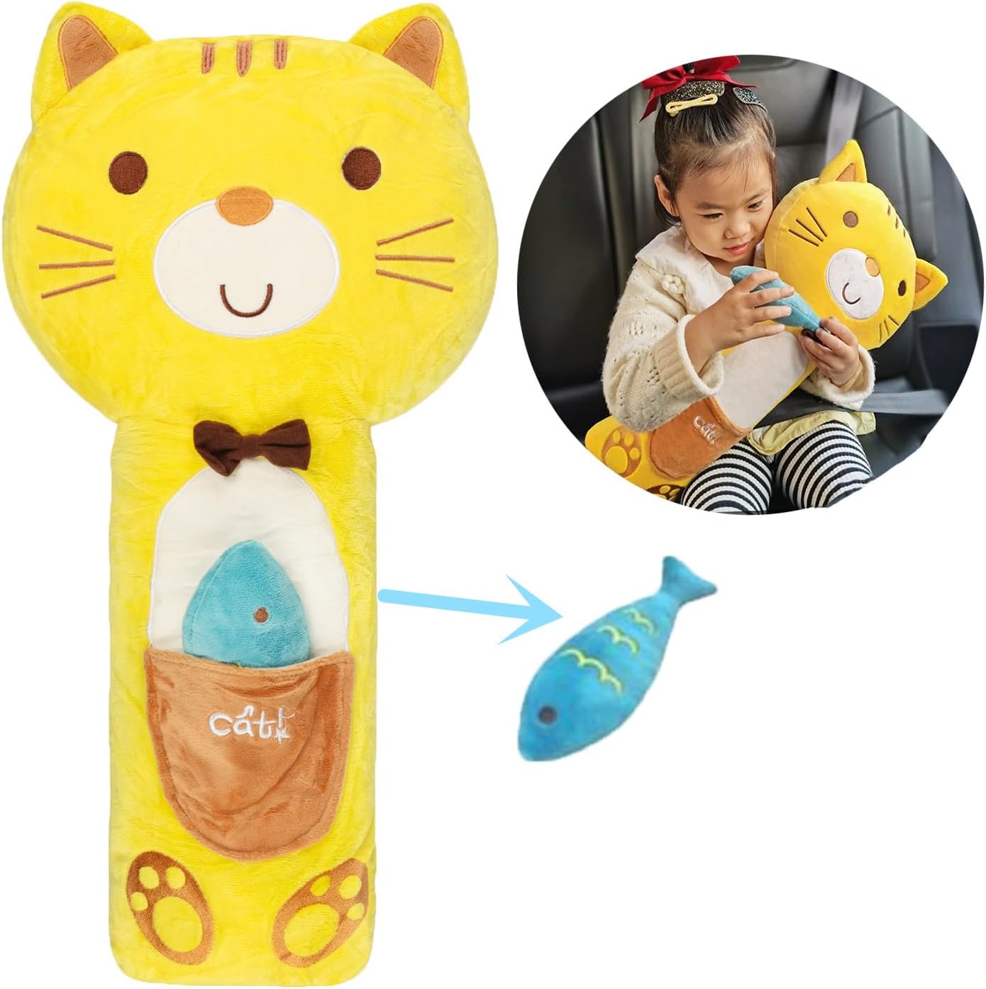 Car Seat Travel Pillow for Kids Cute Cartoon Seatbelt Cover Shoulder Pad Soft Head and Body Support Cushion for Sleeping Neck Support Headrest Car Airplane Seat Strap Pillow for Long Journey Road Trip