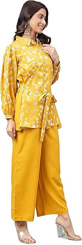 Vista 6 de Janasya Día de la Mujer Amarillo Crepe Foil Impreso Co-ord Set