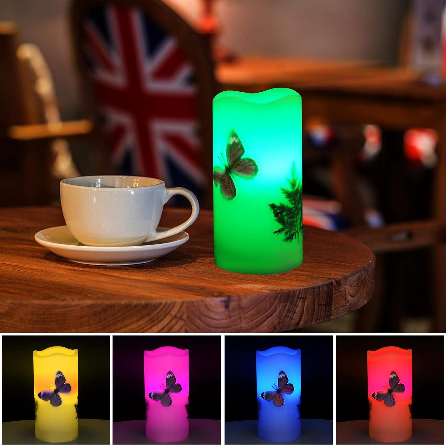 LED Candles Flameless Battery Operated with Remote Timer 6'' Tealight Butterfly & Plants Decor Real Wax Electric Candle Lights 12 Color Changing for Home&Kitchen Indoor/Outdoor Party