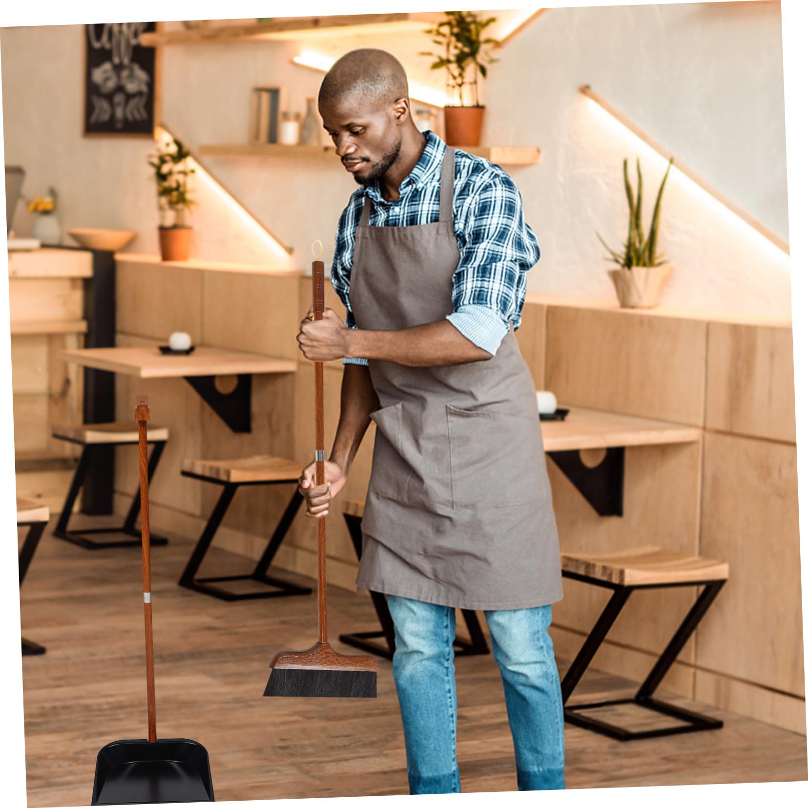 Escoba con Recogedor de Mango Largo, Madera y Crin, para Limpieza | Boca Ancha, Cerdas Suaves, Uso Versátil, para Salones y Limpieza Exterior