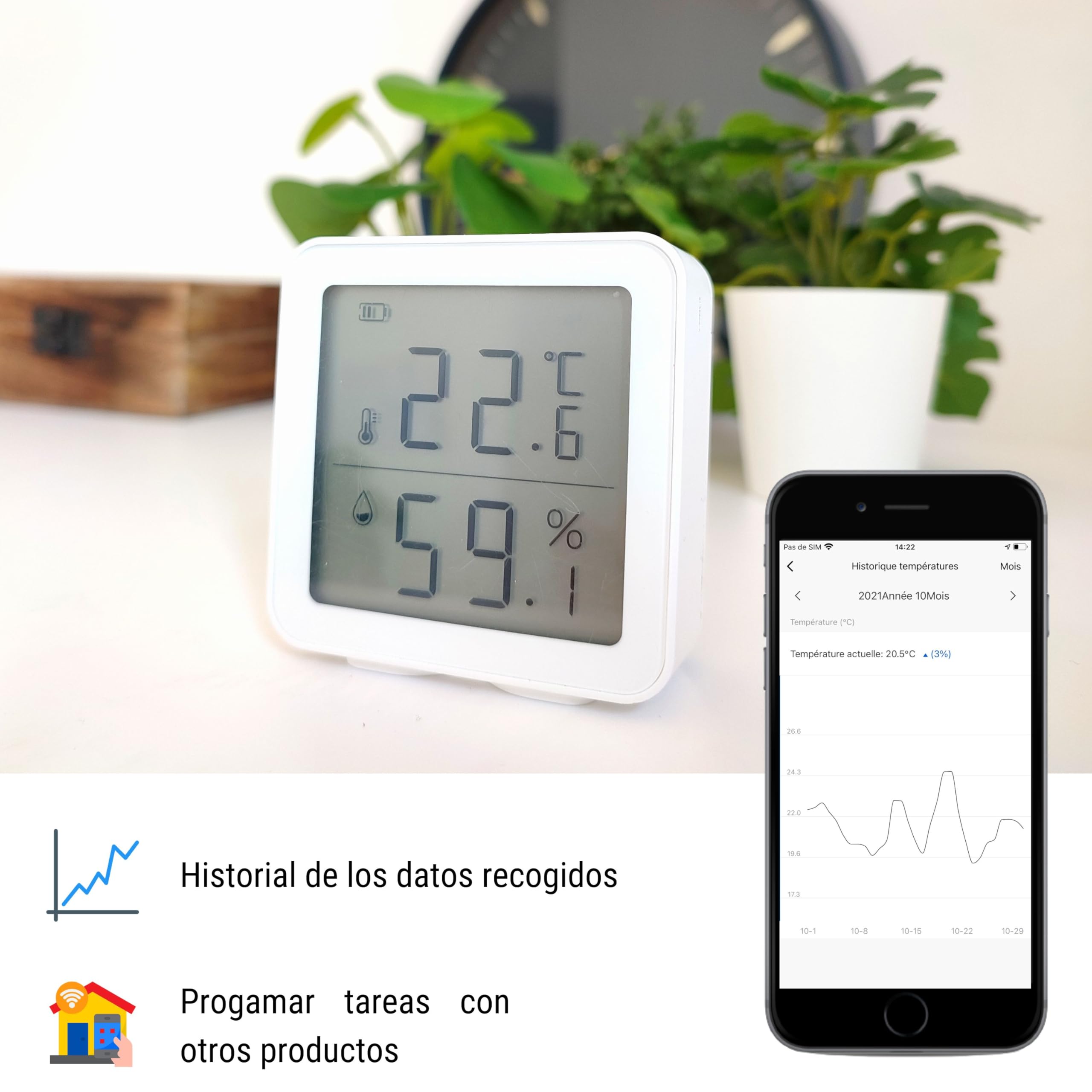 Konyks Termo Termómetro-Higrómetro Wi-Fi compatible Alexa, Google Home,Tuya, programa tareas en segùn que temperaturas