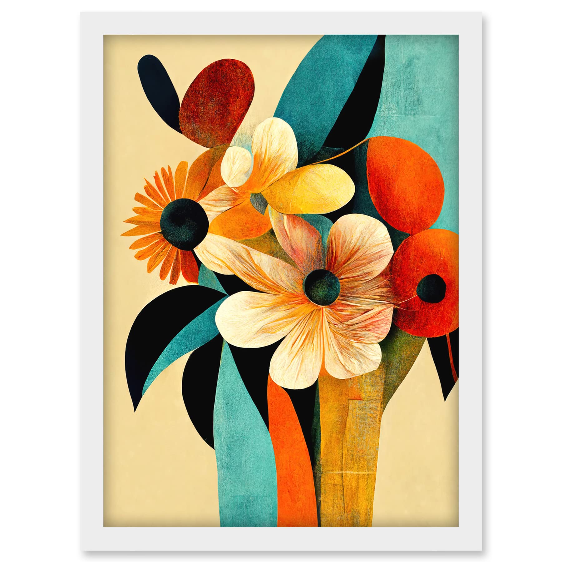 Doppelganger33 LTD Vibrant Modern Abstract Oil Painting Summer Flower Bouquet Teal Orange Artwork Framed A3 Wall Art Print