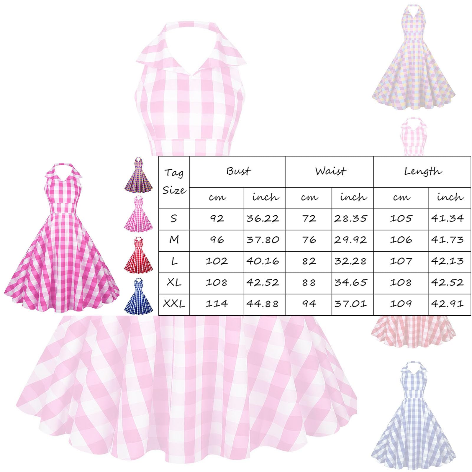 Générique Carreaux Robe Vintage Années 50 Femme Retro Rockabilly Pin Up Chic et Elegant Robes sans Manche Dos Nu Mariage Cocktail Soirée Fête Cérémonie