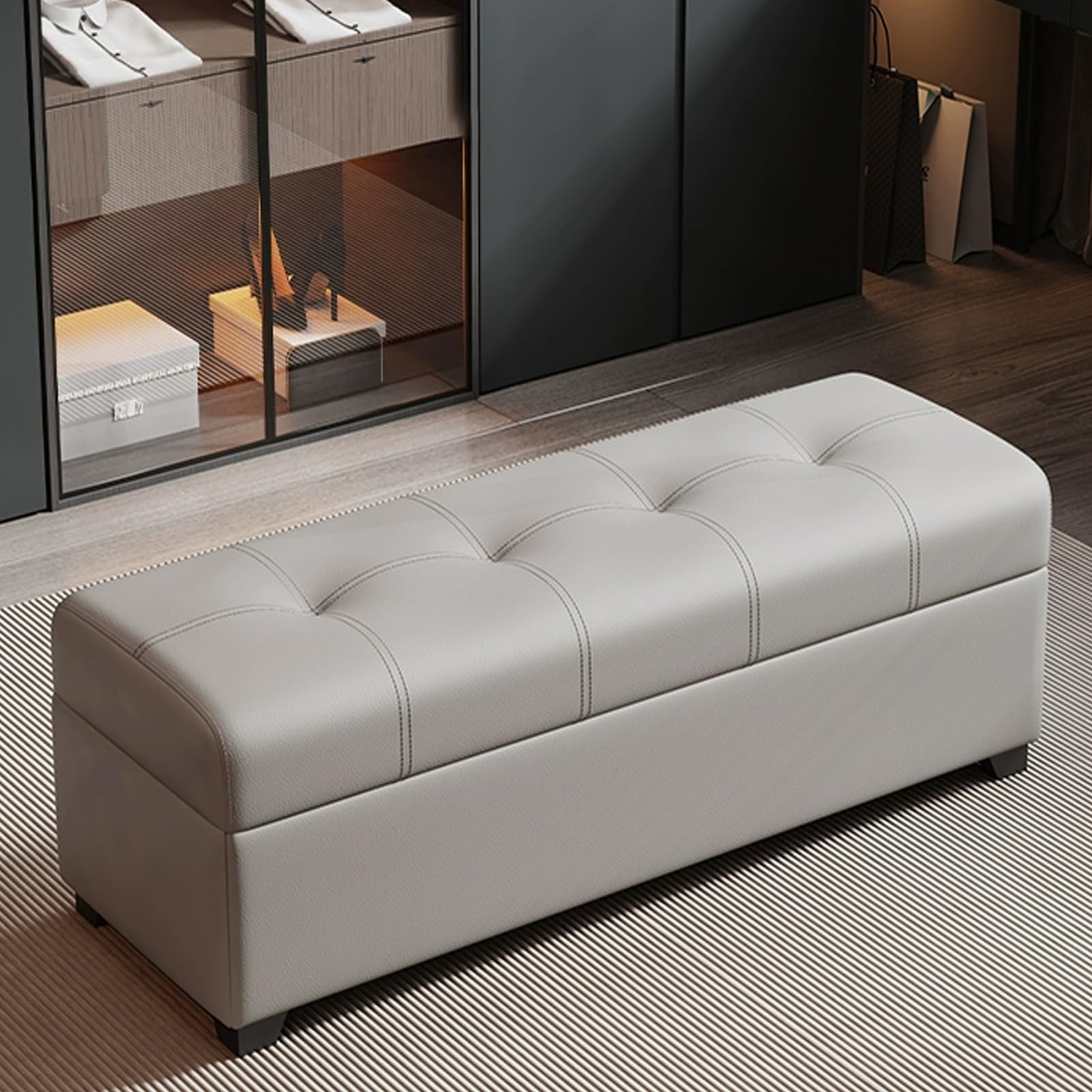 LUUYYI Moderno zapatero con asiento acolchado para dormitorio o sala de estar, armario de almacenamiento multifuncional para decoración interior del hogar (gris claro, 120 cm)