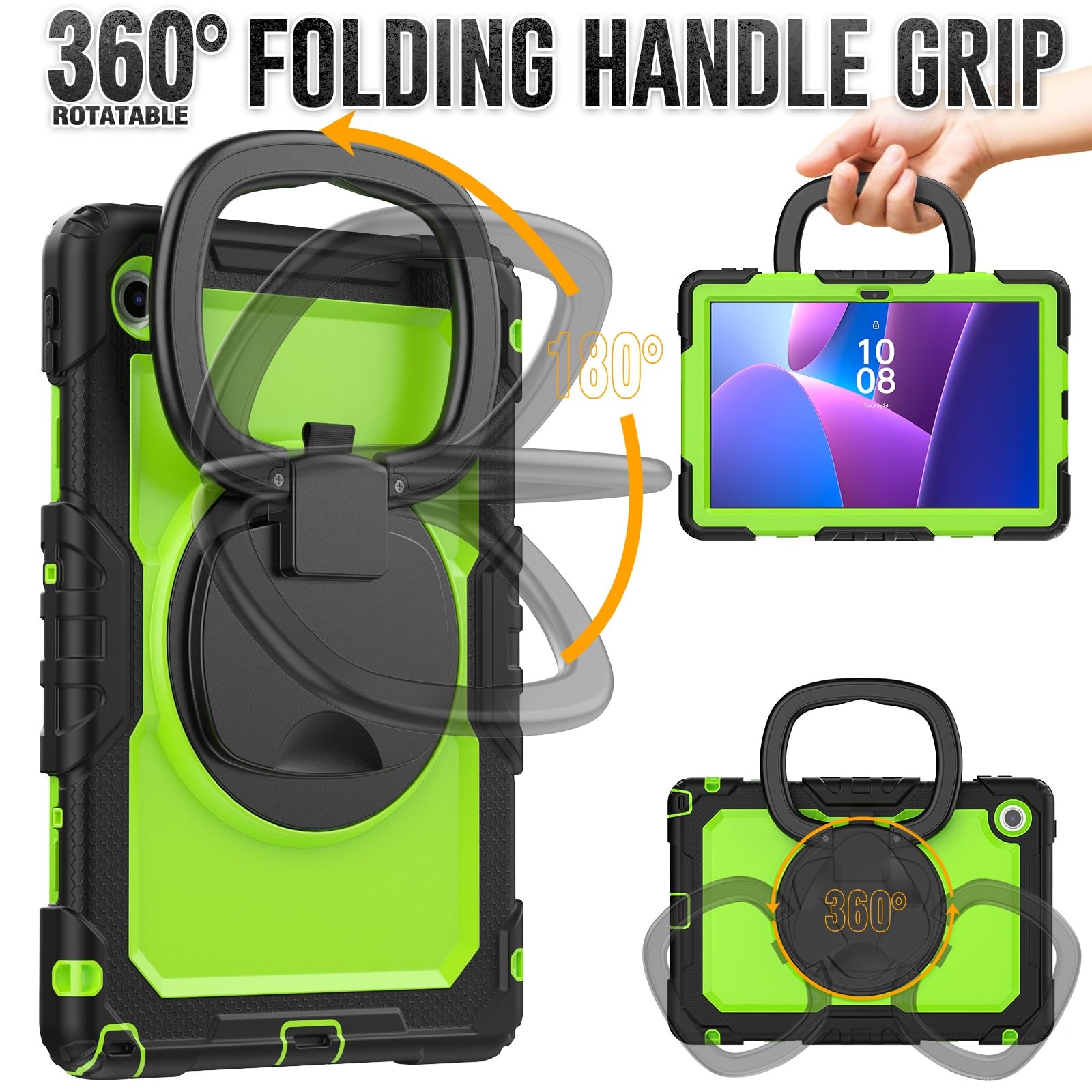 Kompatybilny z Lenovo Tab 10.1 (TB-311XU) / K10C TB311FU 2025 Etui folią ochronną ekranu, pełne etui ochronne, solidna obudowa, obrotowy uchwyt, silikonowe(Yellow-green pc)