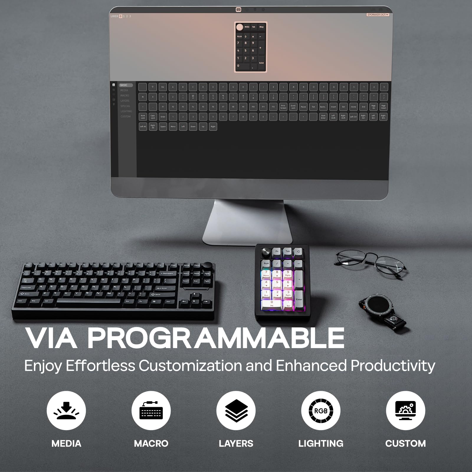 EPOMAKER EK21 VIA Gasket Tastierino Numerico con Batteria da 1000mAh, BT 5.0/2.4ghz/Wired Hot-Swap Numpad with Aluminum Alloy knob, Programmable for Win/Mac/Gaming (Nero, Zebra Linear Switch)