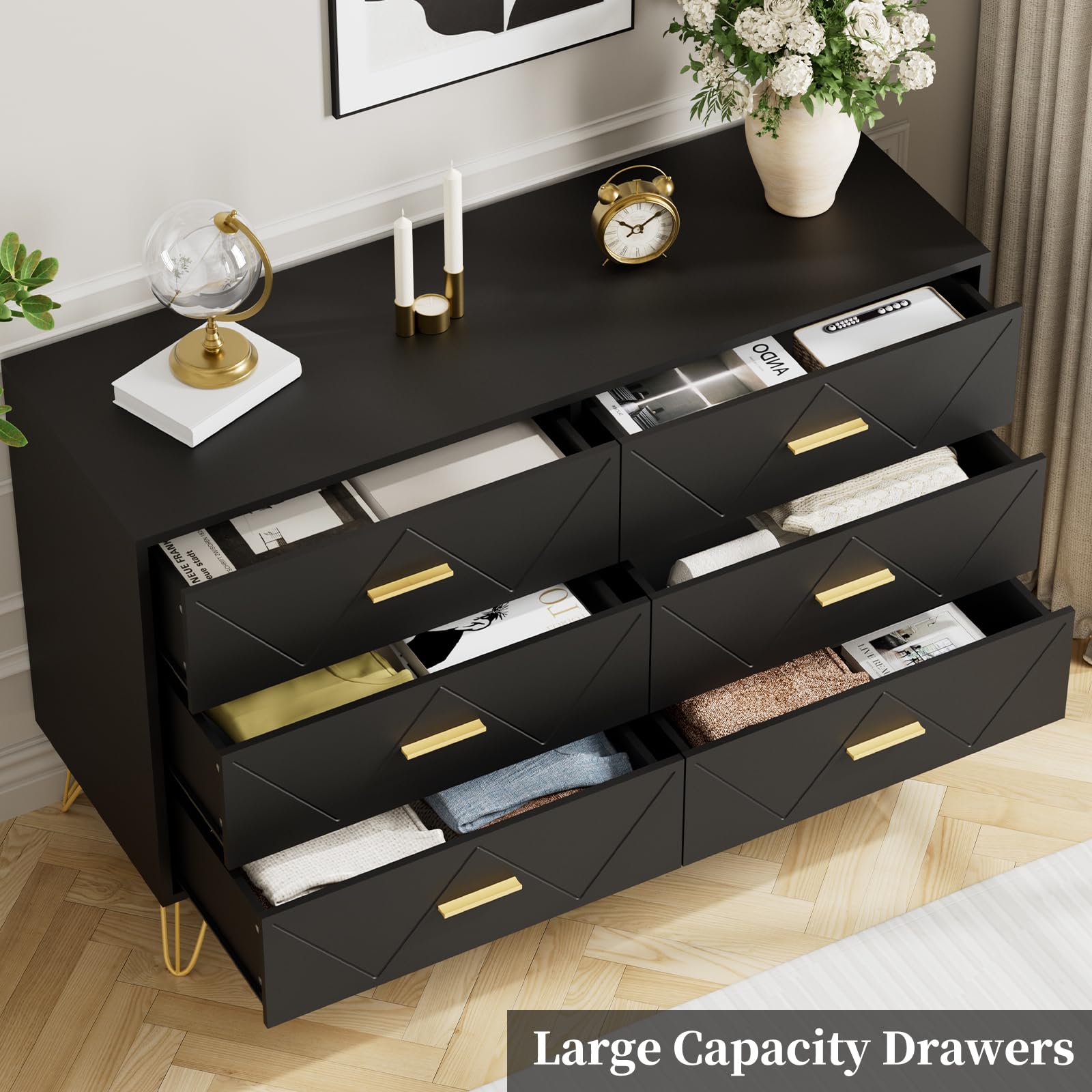 Amazon.com: JOZZBY Dresser for Bedroom, 6 Drawer Black Wood Dresser with  Gold Handles, Modern Storage Dressers & Chests of Drawers for Hallway,  Entryway : Home & Kitchen