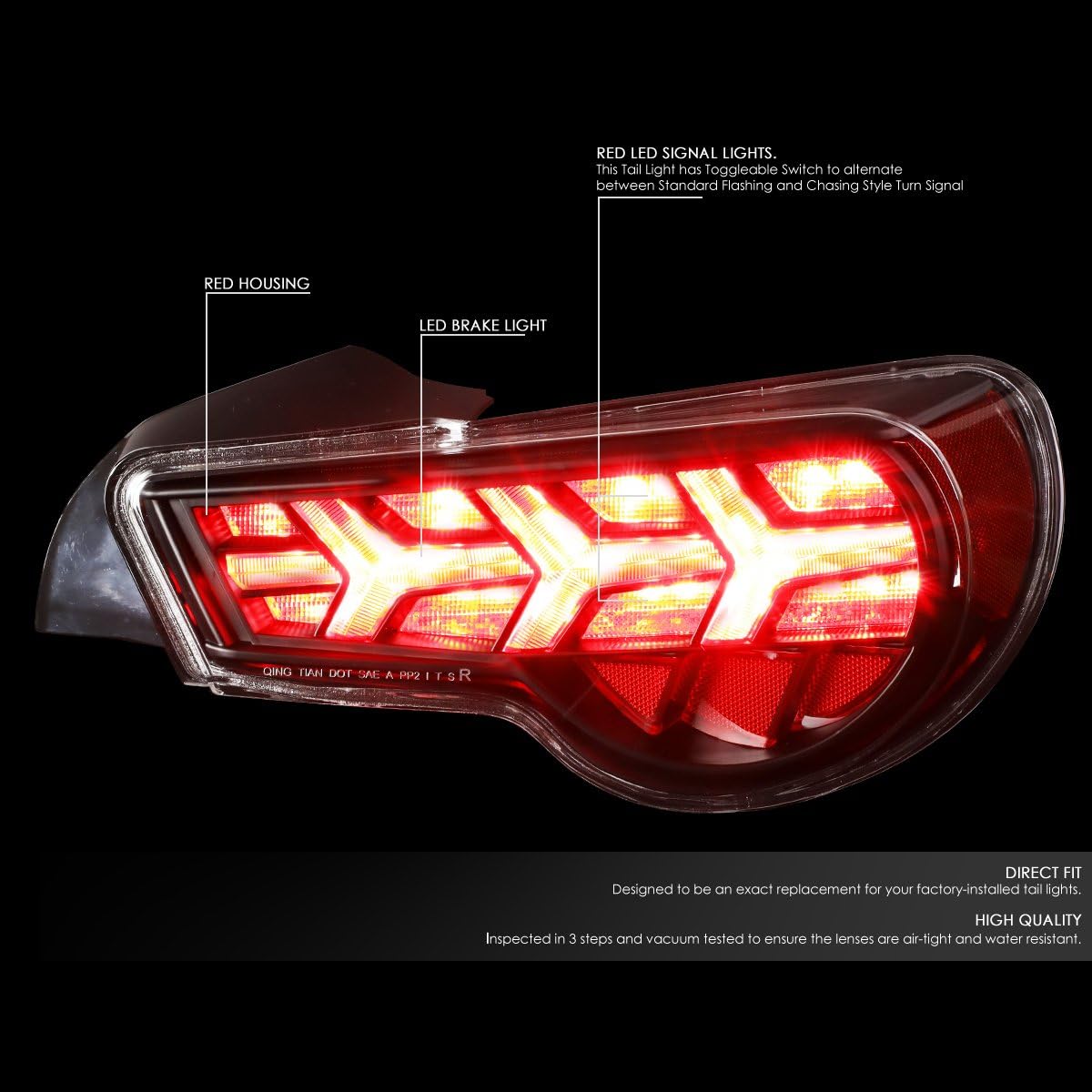 Auto Dynasty Rear Tail Lights Compatible with 2013-2021 Scion FR-S Subaru BRZ Toyota 86, Driver and Passenger Side LED Arrow Sequential Brake Lamps, Black Housing Clear Lens Red Signal