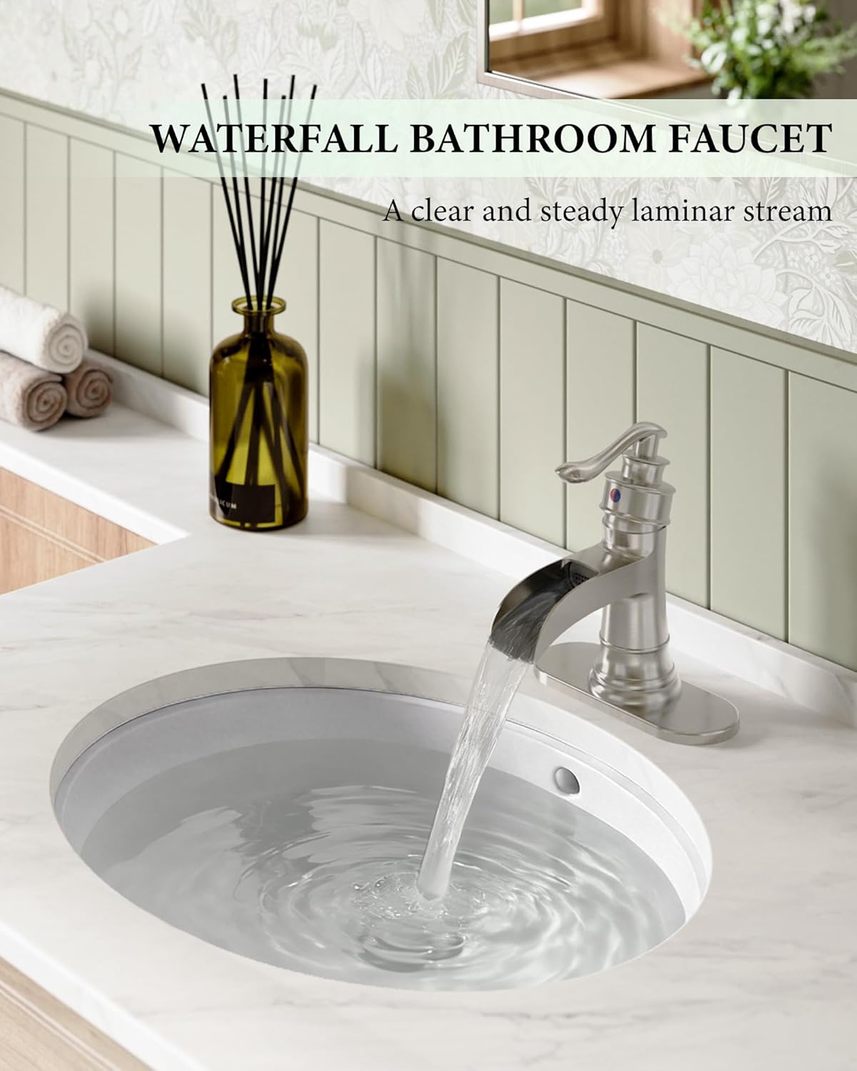 Homevacious Bathroom Faucet Waterfall Sink Faucets Bath Brushed Nickel Farmhouse Sink Vanity Single Handle 1 Hole or 3 Hole Basin Mixer Tap Lavatory Faucet with Deck Plate - Brushed Nickel