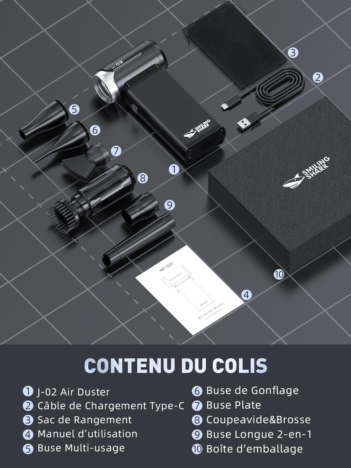 Smiling Shark Dépoussiérants Puissants Électrique, J02 Aluminium 150000TR/Min Souffleur Air Comprimé - 2 Modes(Normal&Storm) & Moteur Sans Balais avec Batterie 8000mAh pour PC/Clavier/Voiture/Maison