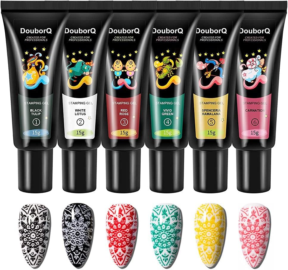 DouborQ Nail Stamping Polish Gel Pack of 6 Colors 15ml Printing Nail Plate Template Polish