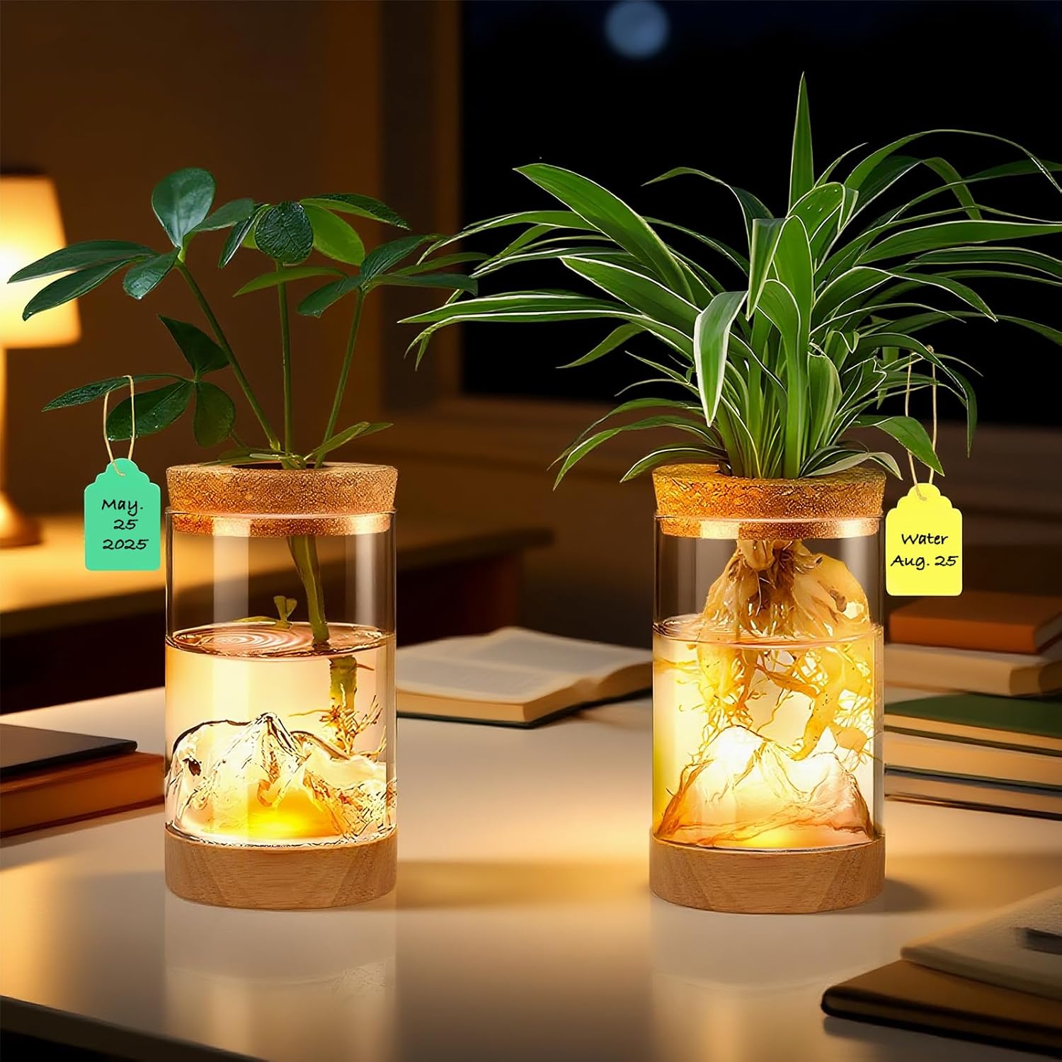 2Pcs Plant Propagation Station with Mountain-Shaped Bottom - Hydroponic Glass Vases, Wooden Base with Lighting, Terrarium Jars for Indoor Growing, Desktop Vivarium, Ideal Gifts for Plant Lovers - Image 2