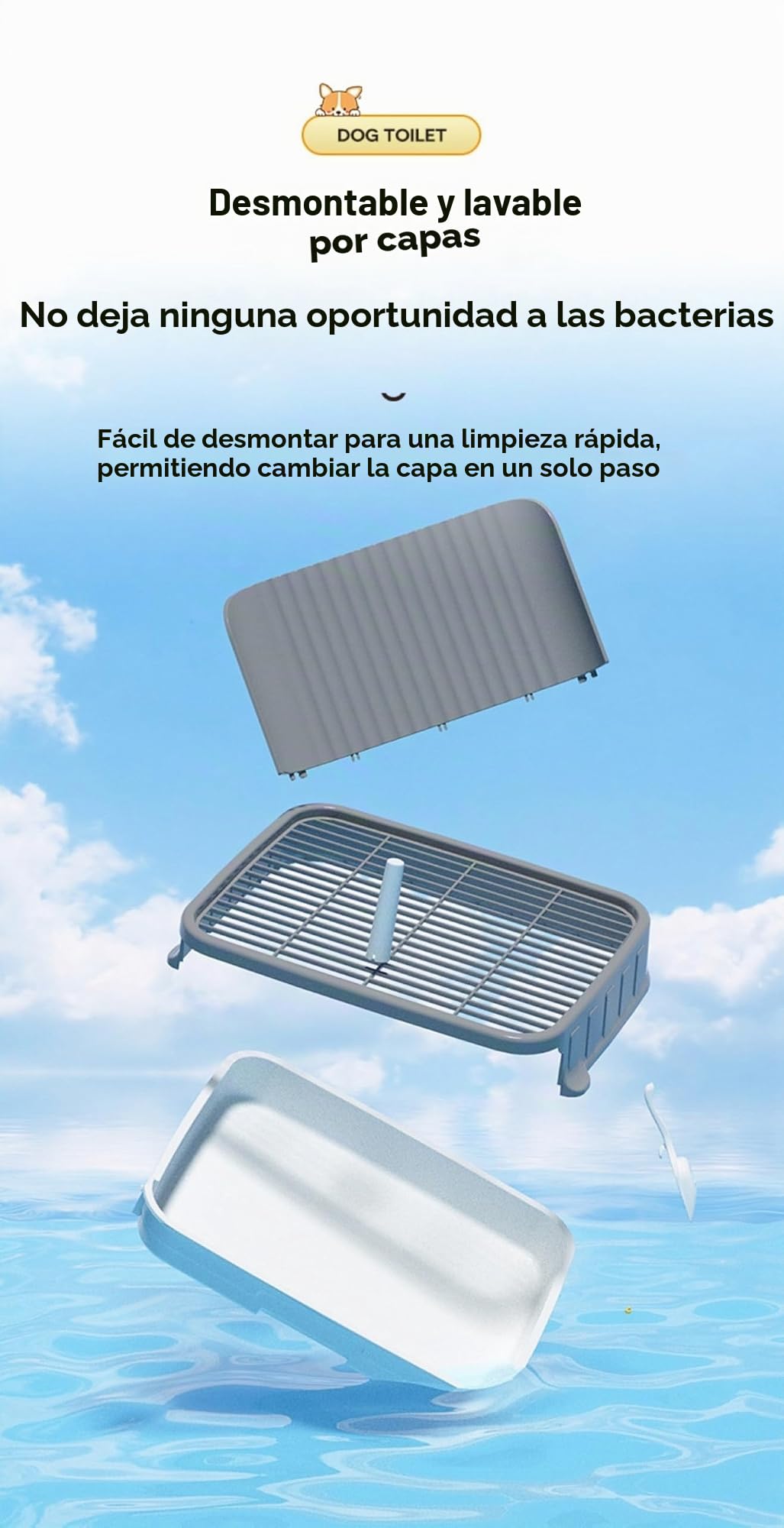 Bandeja de arena para perros XXL con protección anti-salpicaduras y rejilla extraíble