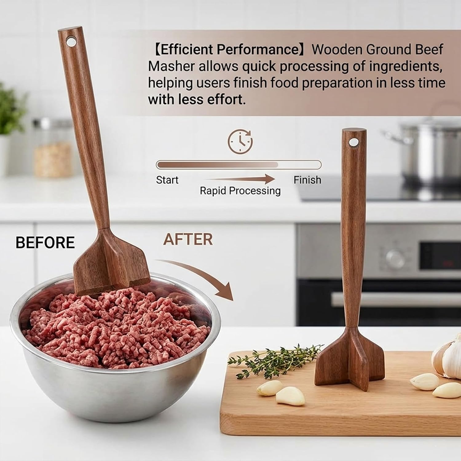Wooden Ground Beef Masher – Hamburger Patty Press & Potato Masher, Durable Meat Pounder Kitchen Cooking Tool – Ideal for Ground Meat, Mashed Potatoes, Jam, and More (A+B)