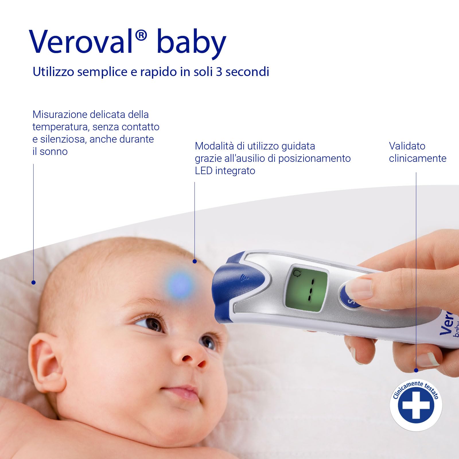 VEROVAL Baby Termometro a infrarossi ARGENTO, misurazione senza contatto e silenziosa, temperatura corporea, temperatura dell'oggetto, temperatura ambiente, misurazione rapida, maneggevolezza
