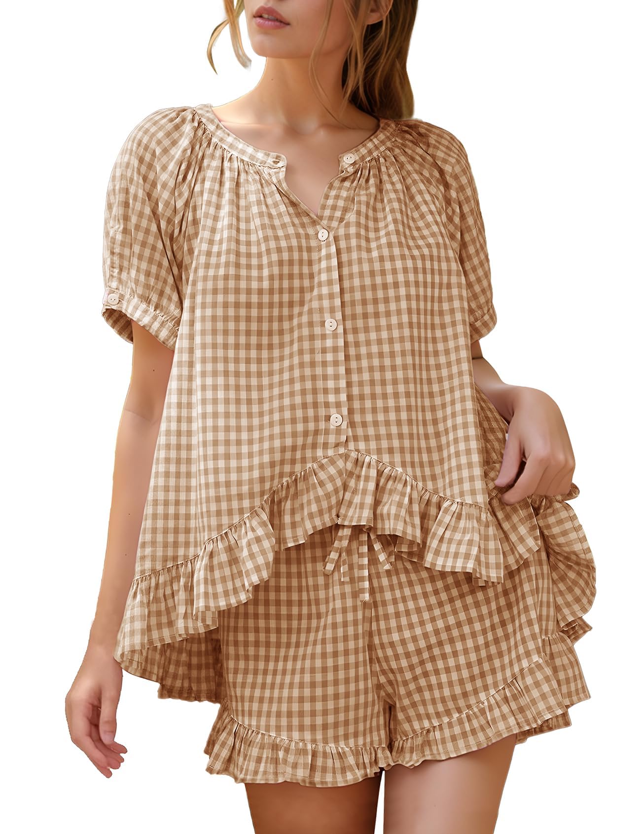 Flygo Womens Gingham Pajamas Set