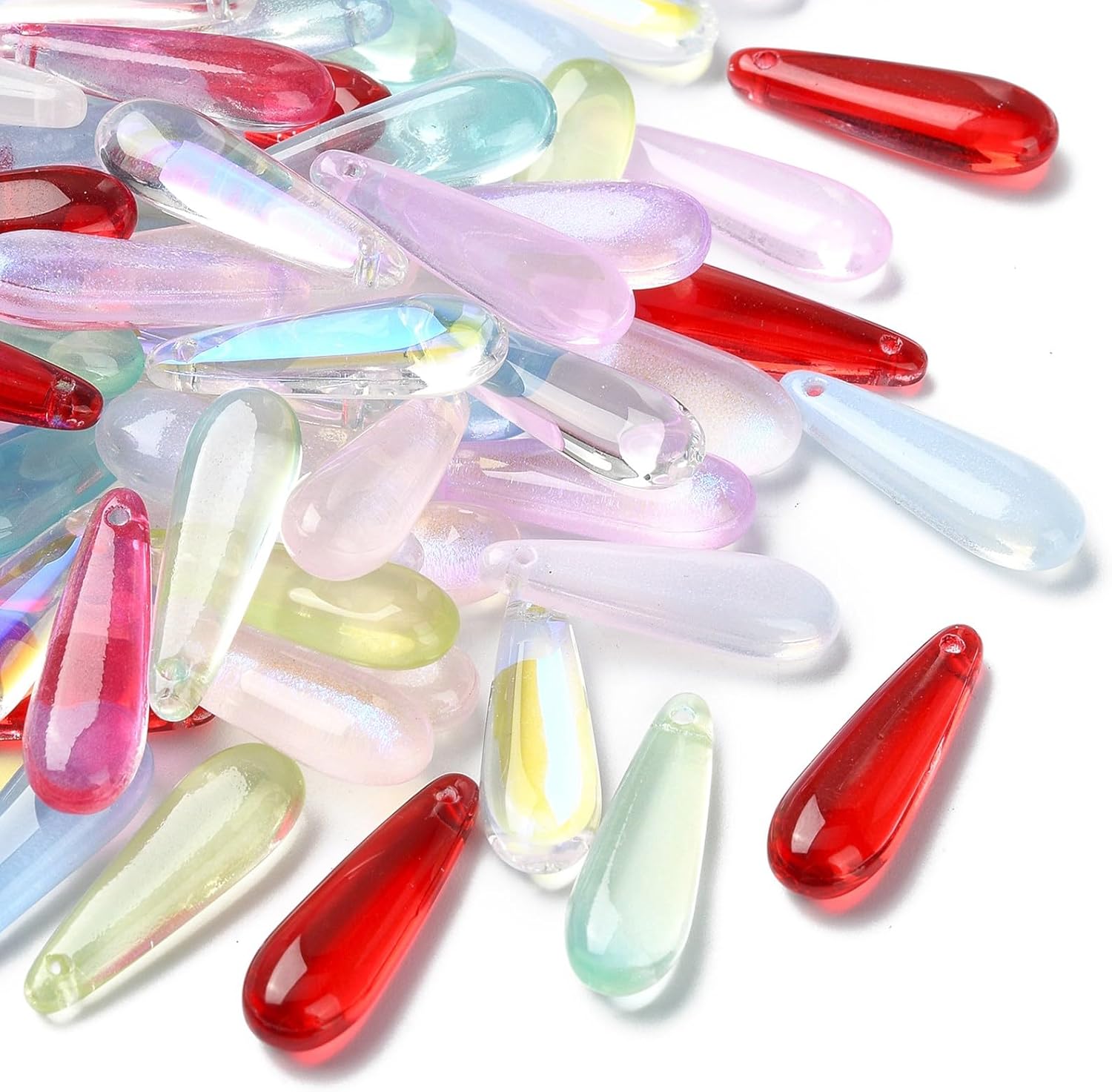 DanLingJewelry 100Pcs Random Color Glass Teardrop Pendants Long Drop Beads Crystal Clear Dangle Charms for Jewelry Making Necklace Bracelet Earrings