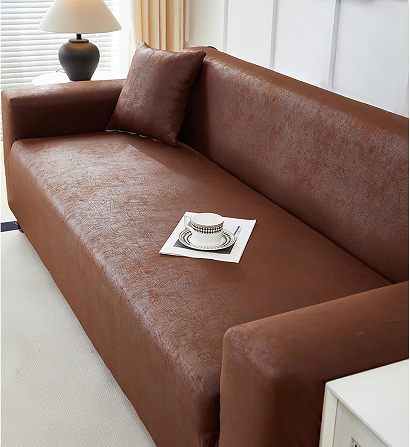 Vintage Faux Leather Sofa Cover, Waterproof Couch Cover Stretch Sectional Sofa Slipcover with Elastic Bottom, 1-piece Pets Furniture Protector for Dogs, Cats, Children(L(3 Seater 75"-91"), Coffee)