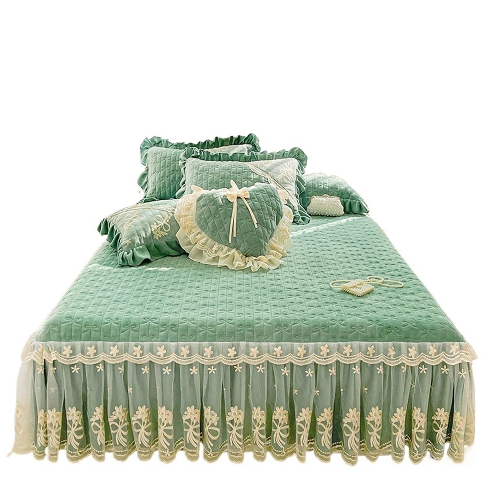 3/6Pcs Thickened Crystal Velvet Bed Skirt, Flowers Lace Embroidery Sheet, Bedspread, Quilted Cover, Pillowcases(Green,180X220cm 6pcs)
