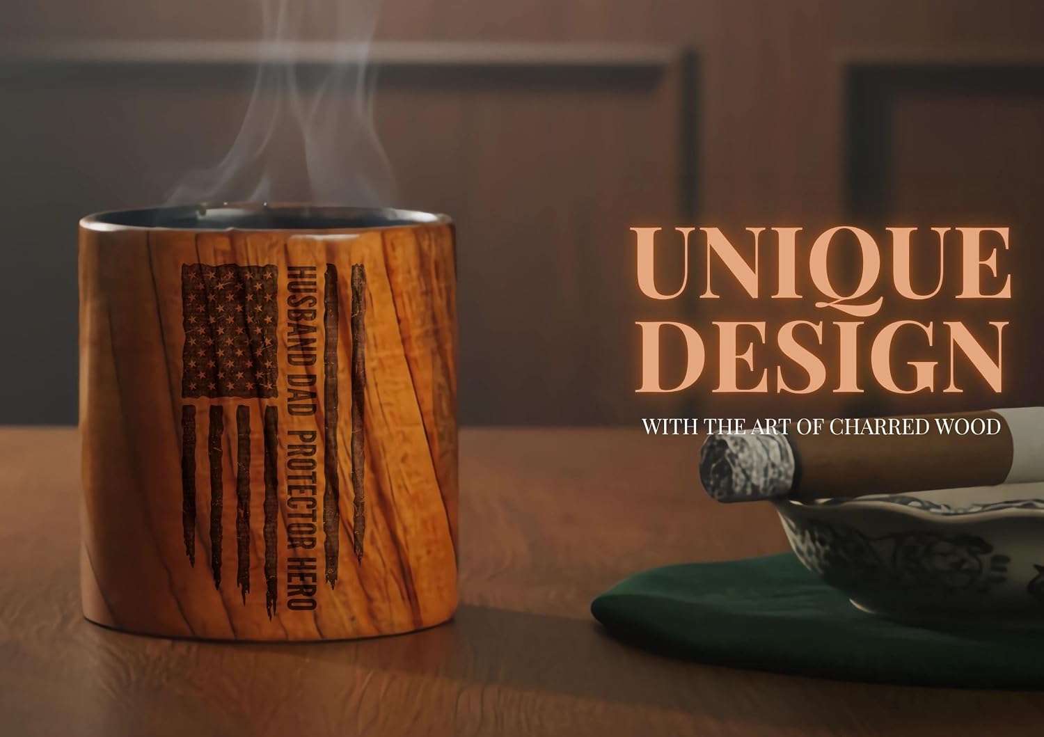 Onebttl Husband Gifts from Wife, Charred Wooden Bourbon Drinking Glass for Him, Handcrafted Whiskey Gift for Father's Day, Christmas, Valentines Day, Flag