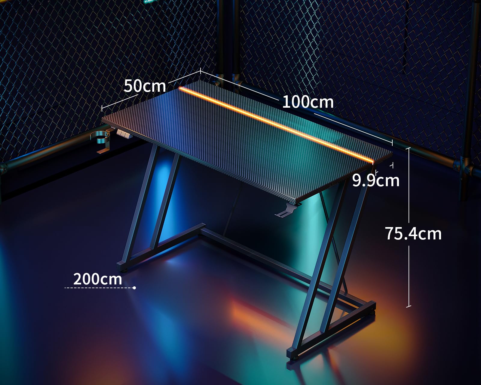 ODK Bureau de jeu avec lumières LED et prise de courant, table de jeu avec porte-gobelet et crochet pour écouteurs, double cadre en Z, bureau d'ordinateur en fibre de carbone, noir, 100 cm