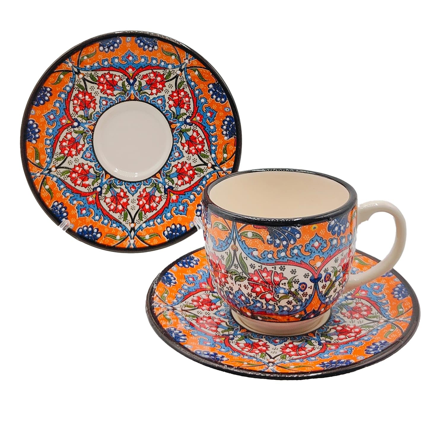 Komplettes Set mit 6 Espressotassen und Untertassen aus türkischer Keramik verziert - Raffiniertes ethnisches Handwerk 1308241204 Marokko Tunesien Ethnisch der Welt