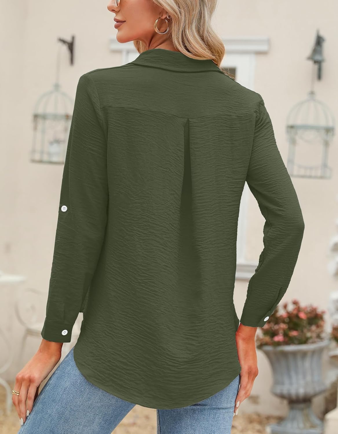 Odosalii Womens Button Down Shirts V Neck Rolled Up Long Sleeve Tops Elegant Dressy Blouses Business Casual Outfits