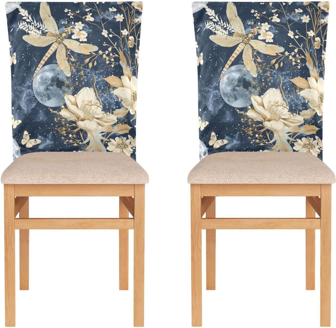 ALAZA Dragonfly Flowers Moon Butterfly Chair Back Cover Set of 6, Washable Reusable Removable Chair Slipcovers Decorative Chair Cover for Home Kitchen Wedding Party