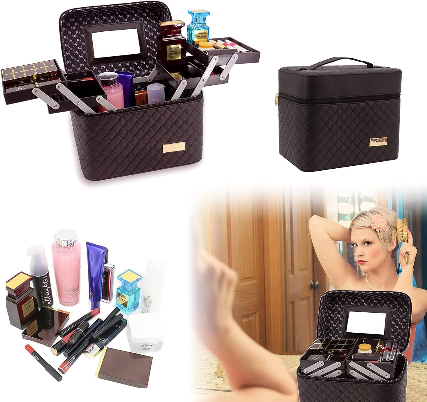 PA Portable Travel Cosmetic Bag with Mirror Multifunctional 4 Layer