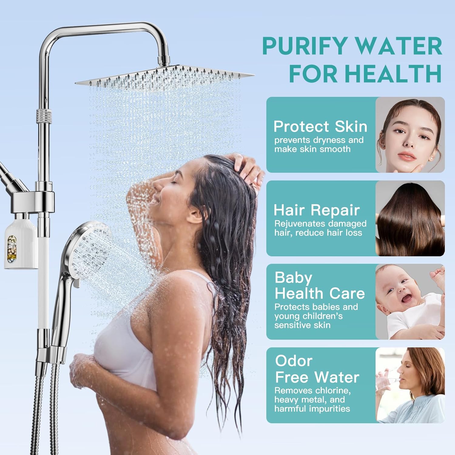 MIAOHUI Filter Rain Shower Head with 7 Settings Handheld Spray (Black) & MIAOHUI 2 Packs 8-stage Shower Filter Replacement Cartridge