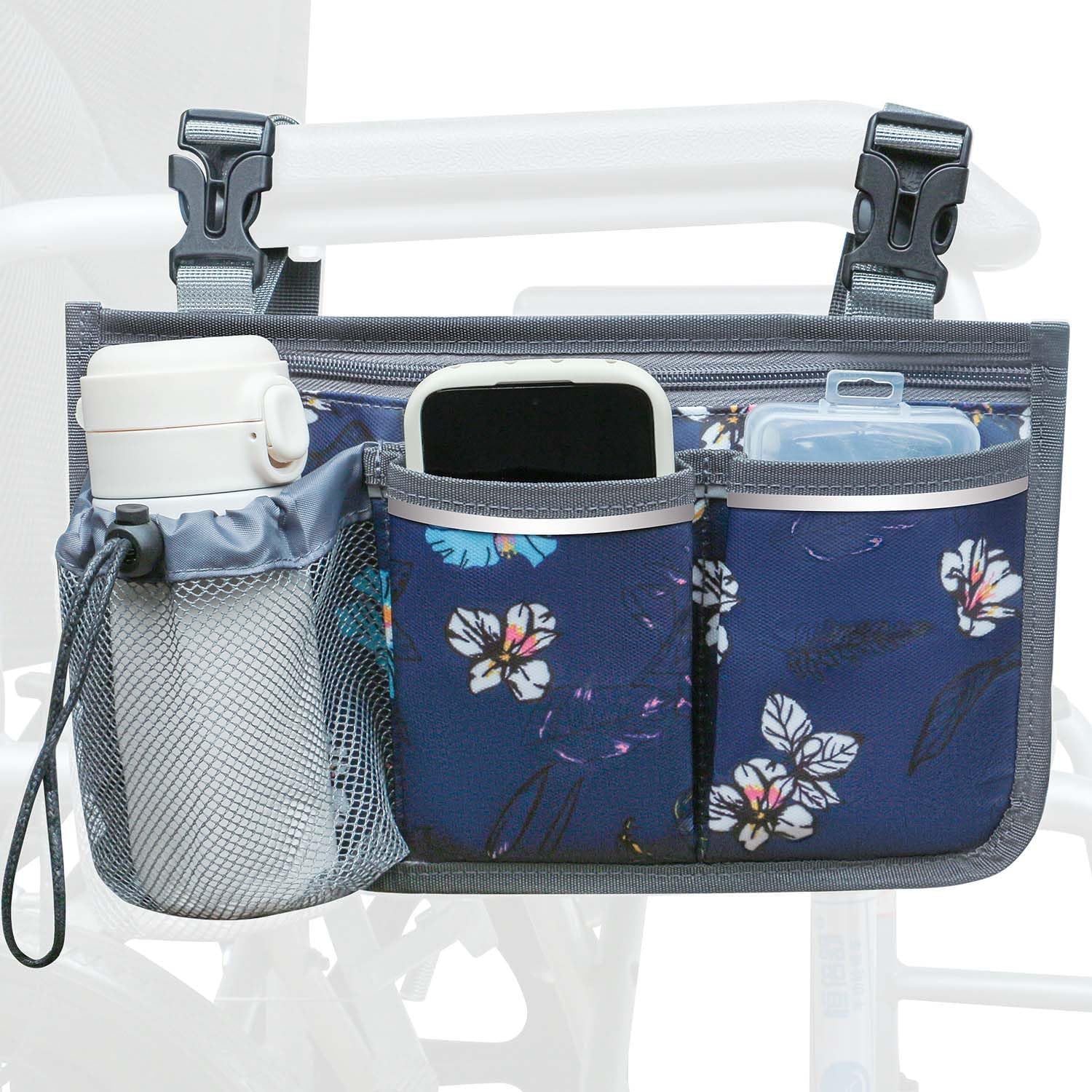 Wheelchair Bag, Walker Bag, Armrest Organizer Pouch with Cup Holder Attachment and Reflective Strip, Accessories for Most Wheelchairs, Walker, Rollators (Sea Blue)